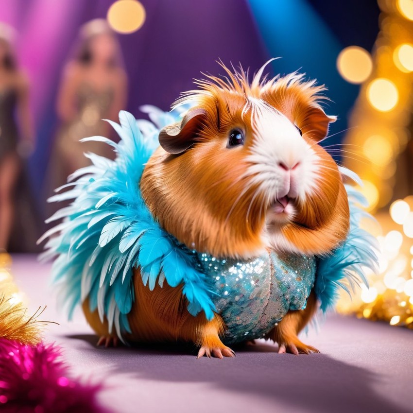 abyssinian guinea pig strutting down the fashion show catwalk stage in a sparkling sequined dress with a feathered boa, high energy and dramatic.