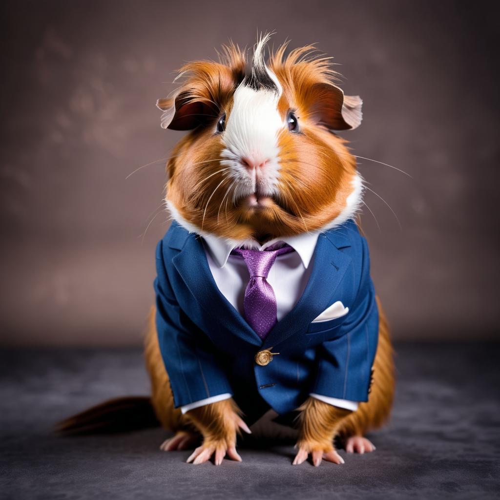 abyssinian guinea pig in a stylish suit, posing against a diffused background, looking cute and professional.