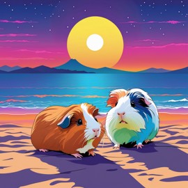 anime artwork of abyssinian guinea pig in city pop style, retro vaporwave, night view, summer beach scene.