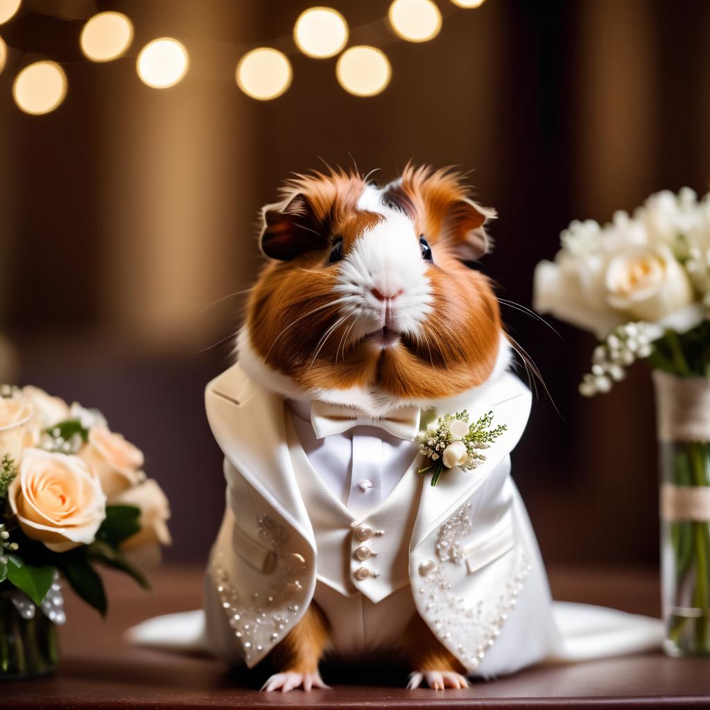 abyssinian guinea pig in a beautiful wedding suit, capturing a cute and happy moment in a romantic environment.