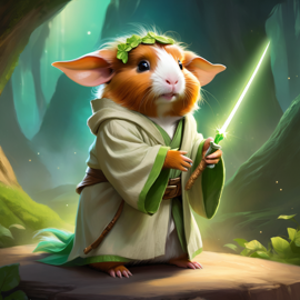 abyssinian guinea pig as yoda from star wars, holding a green lightsaber in a cinematic star wars scene.