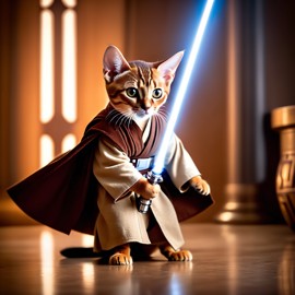 abyssinian cat as a jedi knight, featuring a lightsaber and a star wars environment in a high-detail, epic style.