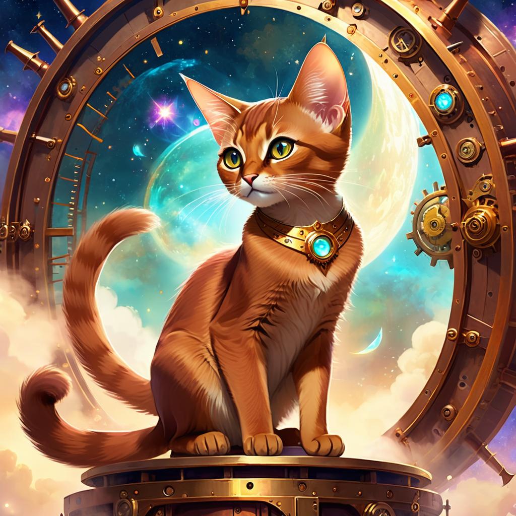 abyssinian cat in a steampunk style, cute and happy, with a magical and painterly quality.