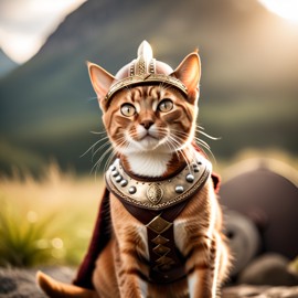 abyssinian cat as a viking, wearing traditional armor and helmet, set in a detailed viking environment.