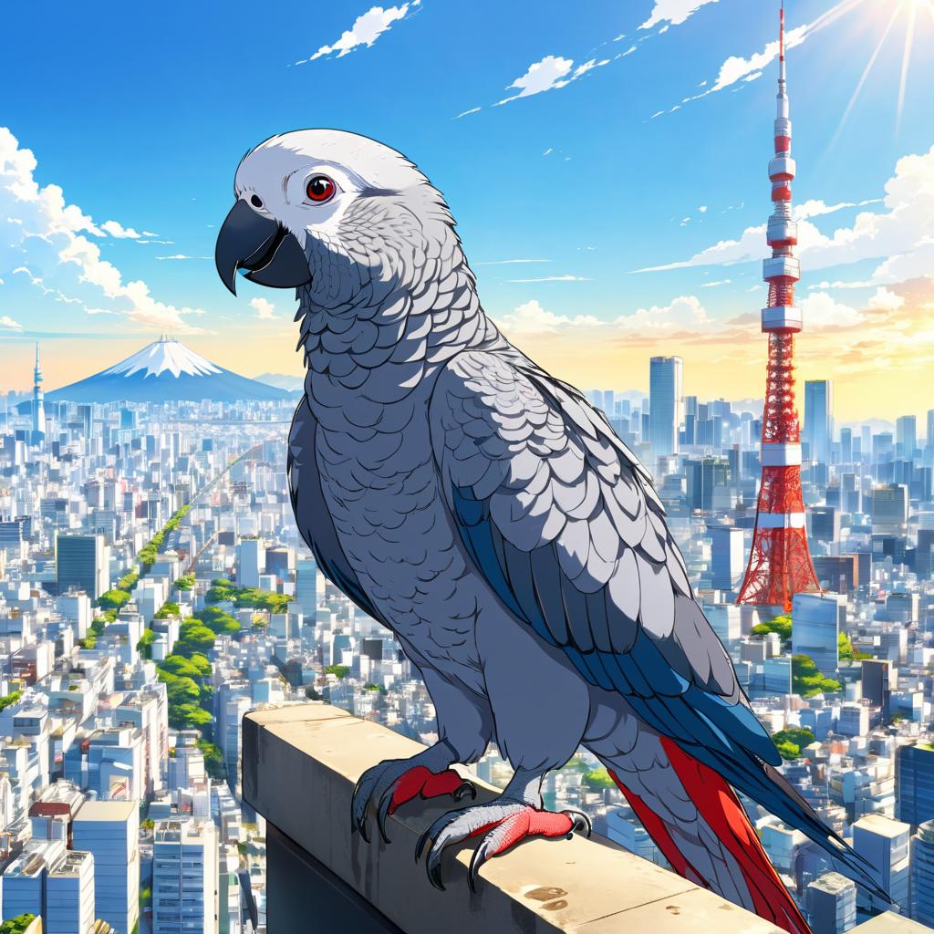 anime artwork of african grey parrot bird in tokyo on a sunny day with clear blue skies and cityscape background.