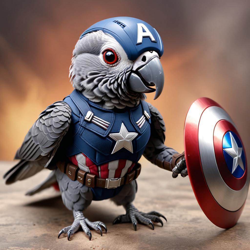 african grey parrot bird as captain america from avengers, lifelike and highly detailed.