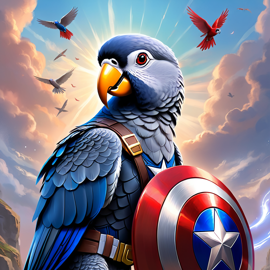 african grey parrot bird as captain america from avengers, ethereal and magical.