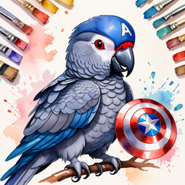 watercolor painting of african grey parrot bird as captain america from avengers, vibrant and detailed.