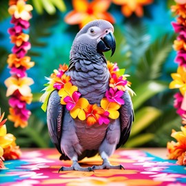 african grey parrot bird strutting down the fashion show catwalk stage in a vibrant hawaiian shirt and a floral lei, high energy and joyful.