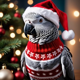 african grey parrot bird in a christmas sweater and santa hat, festive and detailed.