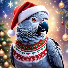 african grey parrot bird in a christmas sweater and santa hat, ethereal and magical.