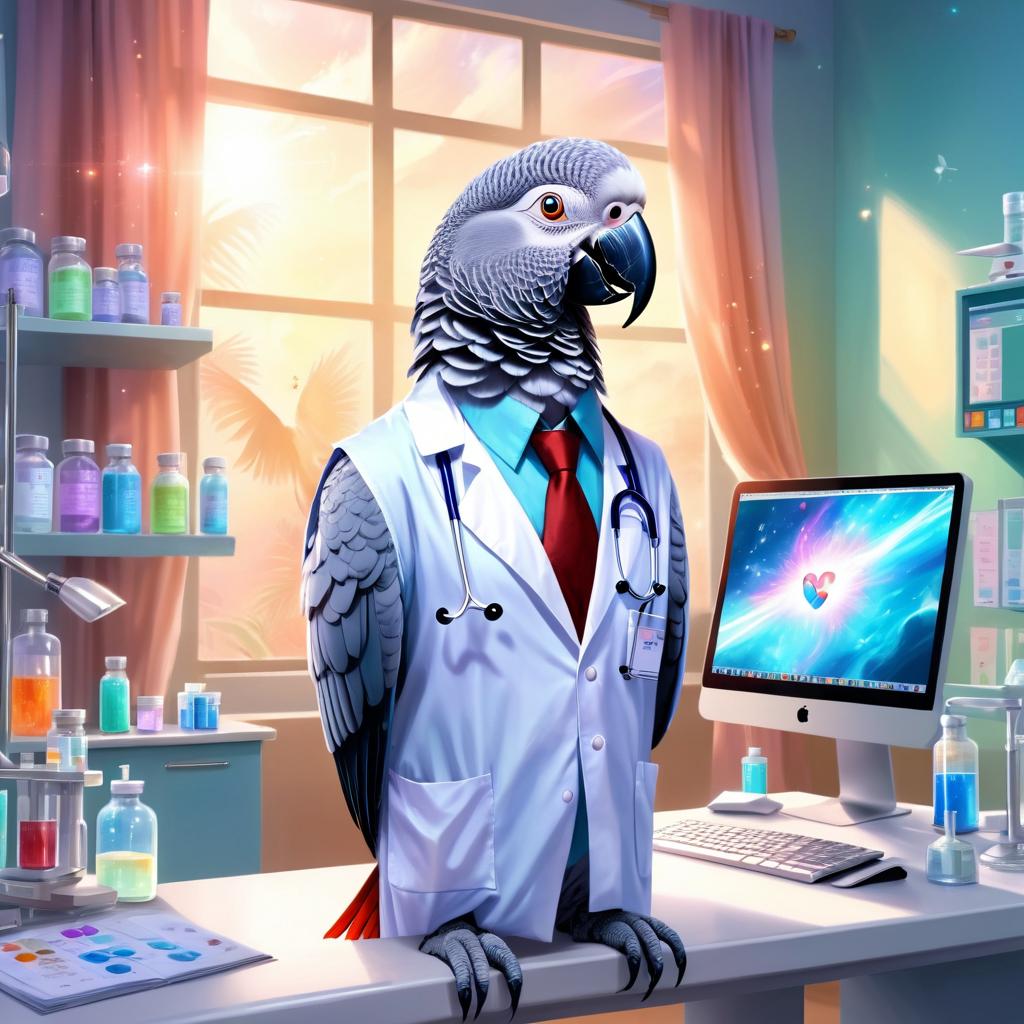 african grey parrot bird as a doctor in a magical hospital setting, ethereal and dreamy with celestial details.