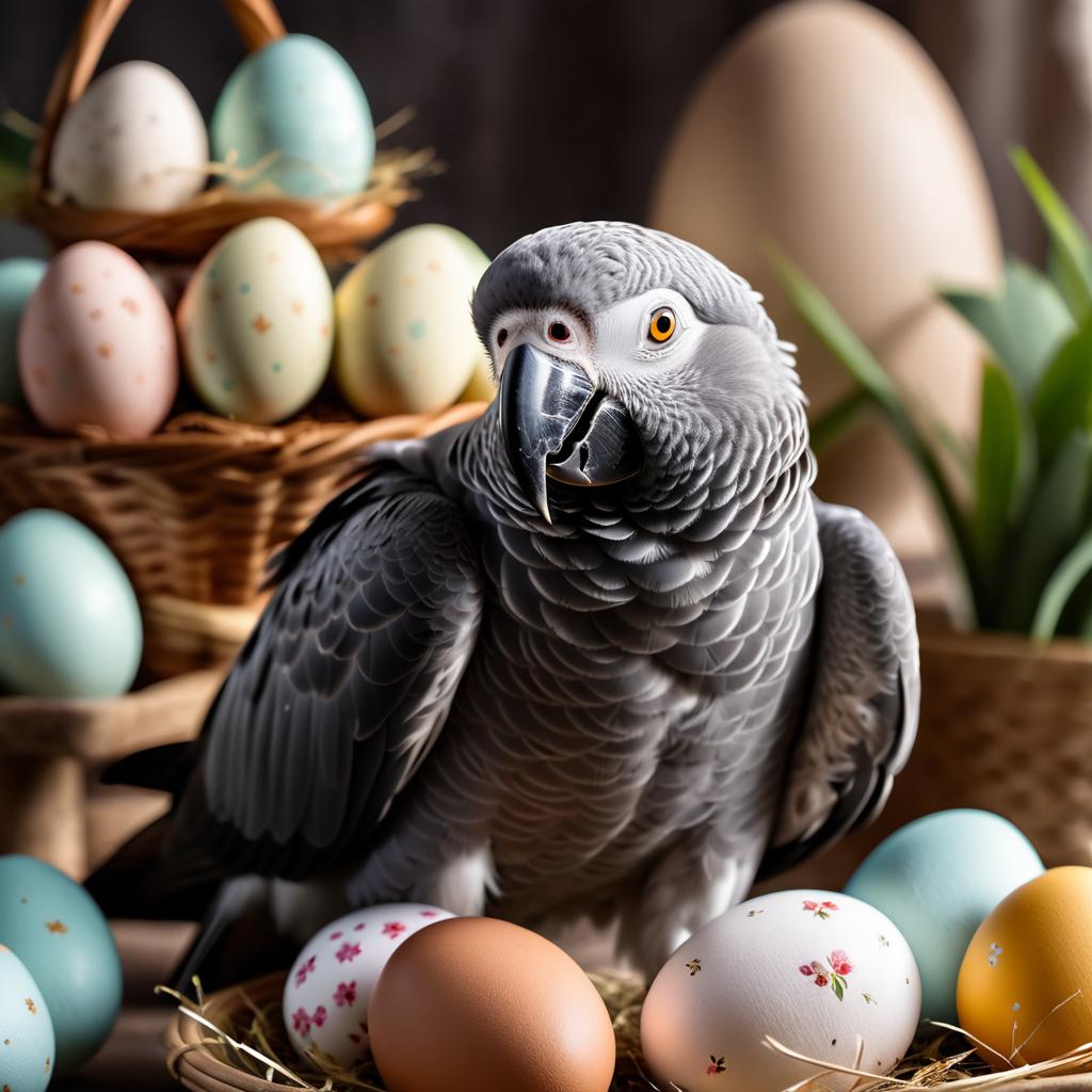 african grey parrot bird in a beautiful easter setting with colorful eggs, highly detailed and charming.