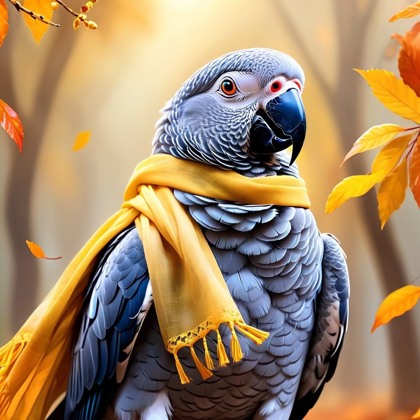 african grey parrot bird in a yellow scarf, ethereal and magical style.