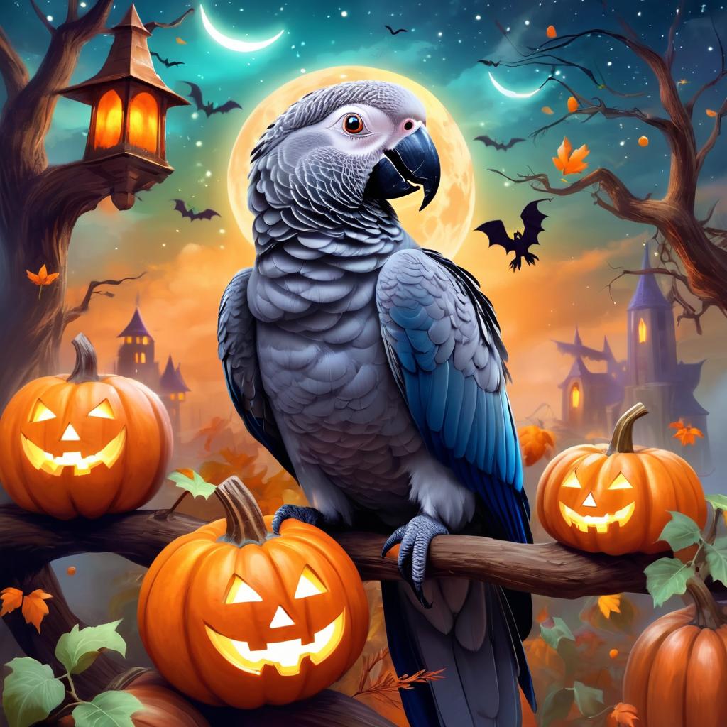 african grey parrot bird in a halloween costume, with a magical and ethereal atmosphere surrounded by pumpkins.