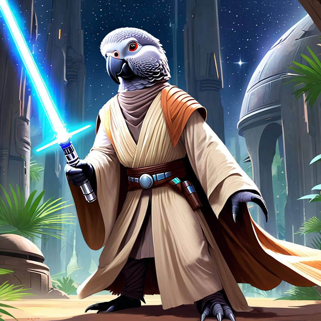 african grey parrot bird as a jedi knight, with a lightsaber and star wars backdrop in a celestial, painterly style.