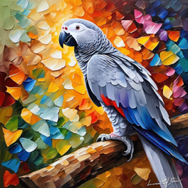 knife oil painting of african grey parrot bird in the style of leonid afremov and degas, featuring vibrant, textured brushstrokes.