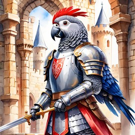 watercolor painting of african grey parrot bird as a medieval knight in a vibrant, detailed castle scene.