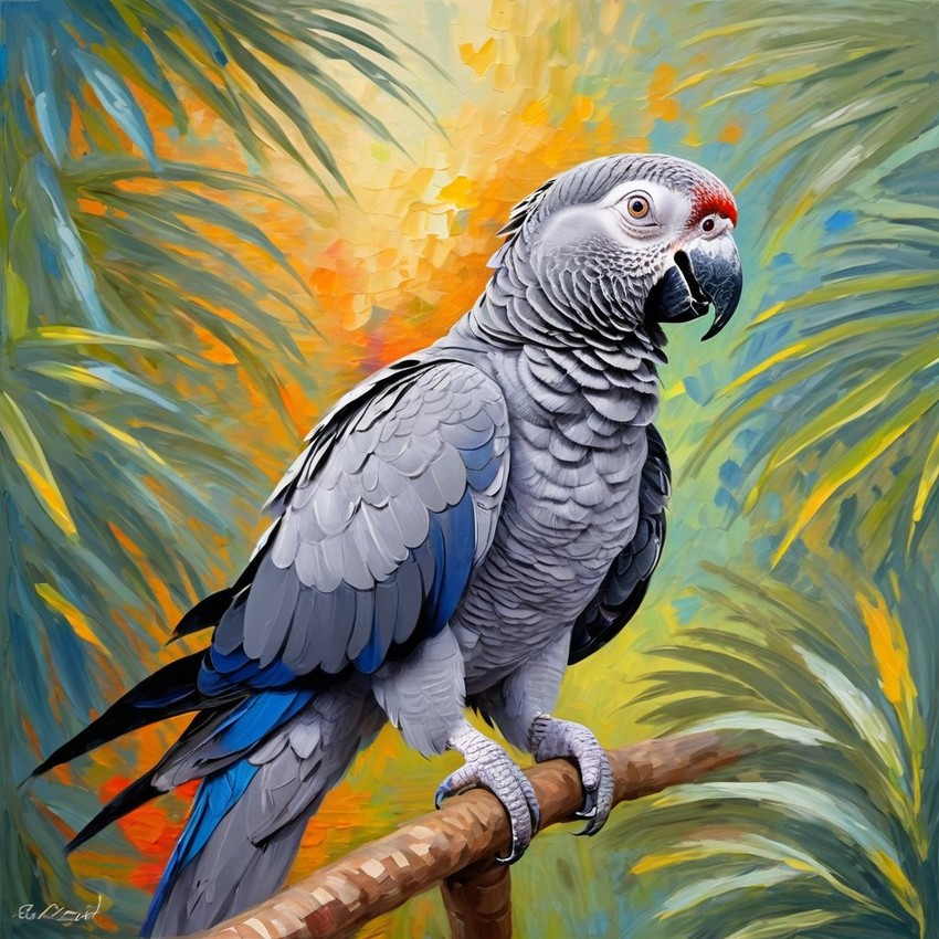 african grey parrot bird in the style of monet, featuring delicate brush strokes and a classic, artistic appearance.