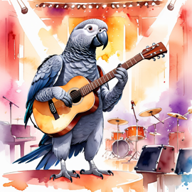 african grey parrot bird as a musician in a watercolor painting, playing guitar in a vibrant and detailed concert hall scene.