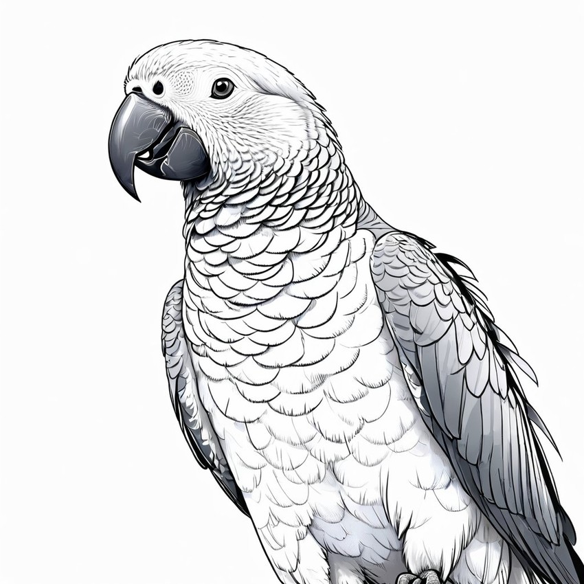 pencil sketch drawing of african grey parrot bird, detailed line art in black and white, capturing a timeless and elegant representation.