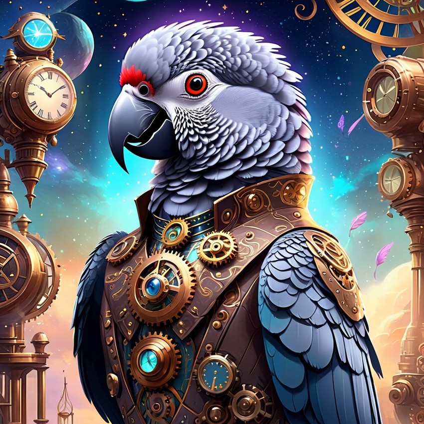 african grey parrot bird in a steampunk style, cute and happy, with a magical and painterly quality.