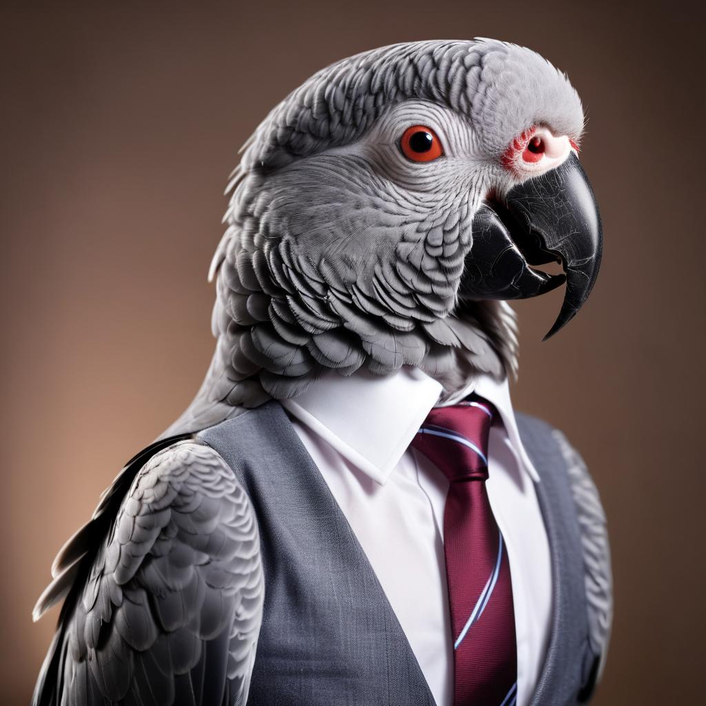 african grey parrot bird in a stylish shirt and tie, with a diffused background, capturing their cute and professional side.