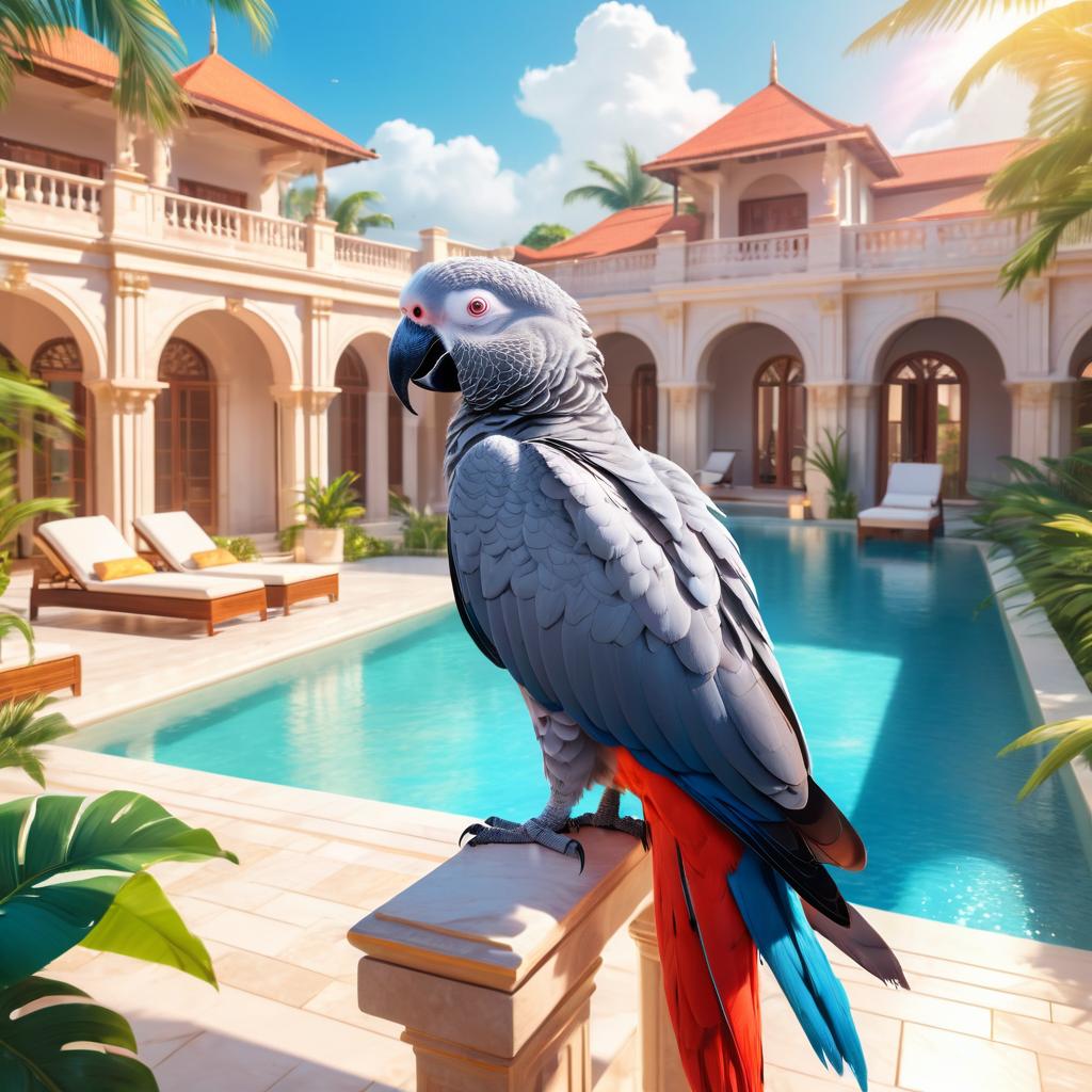 african grey parrot bird suntanning next to a luxurious villa pool, capturing a posh and magical moment.