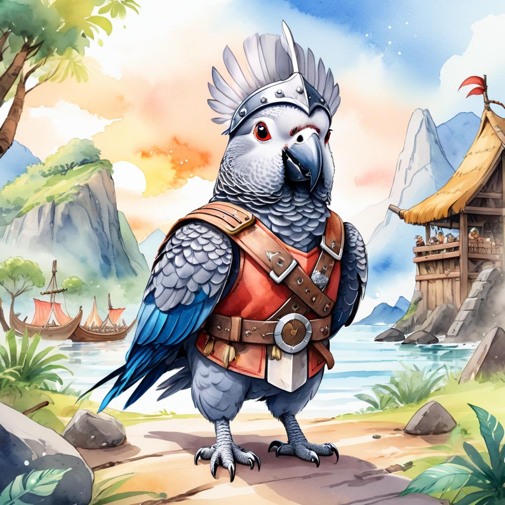 watercolor painting of african grey parrot bird as a viking, wearing traditional armor and helmet, in a vibrant viking environment.