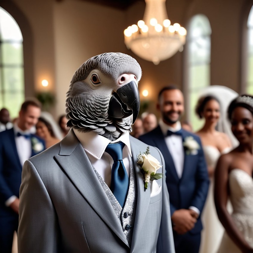 african grey parrot bird in a beautiful wedding suit, capturing a cute and happy moment in a romantic environment.