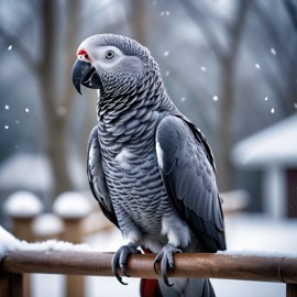 african grey parrot bird in a beautiful winter scene, wearing stylish winter clothing, looking cute and happy.