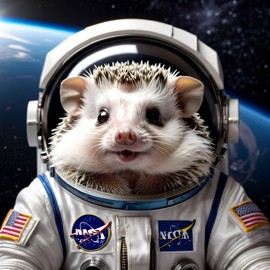 african pygmy hedgehog as astronaut in space, wearing spacesuit, highly detailed and lifelike.