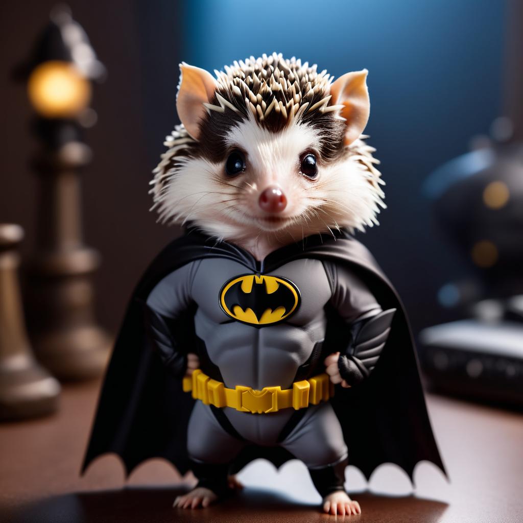 african pygmy hedgehog as batman, wearing batman suit and mask, highly detailed and vibrant.