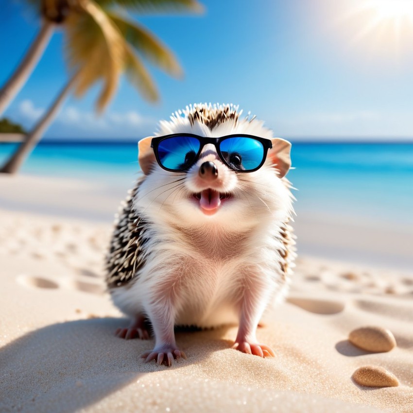 african pygmy hedgehog on a beautiful beach with white sand and blue sea, wearing sunglasses.