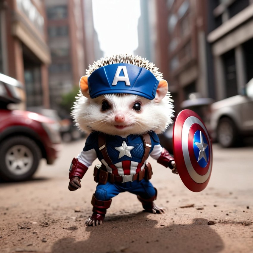 african pygmy hedgehog as captain america from avengers, in action, cute and happy.