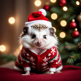 african pygmy hedgehog in a christmas sweater and santa hat, festive and detailed.