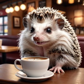 african pygmy hedgehog sitting in a cozy coffee shop, lifelike and detailed.