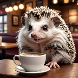 african pygmy hedgehog sitting in a cozy coffee shop, lifelike and detailed.