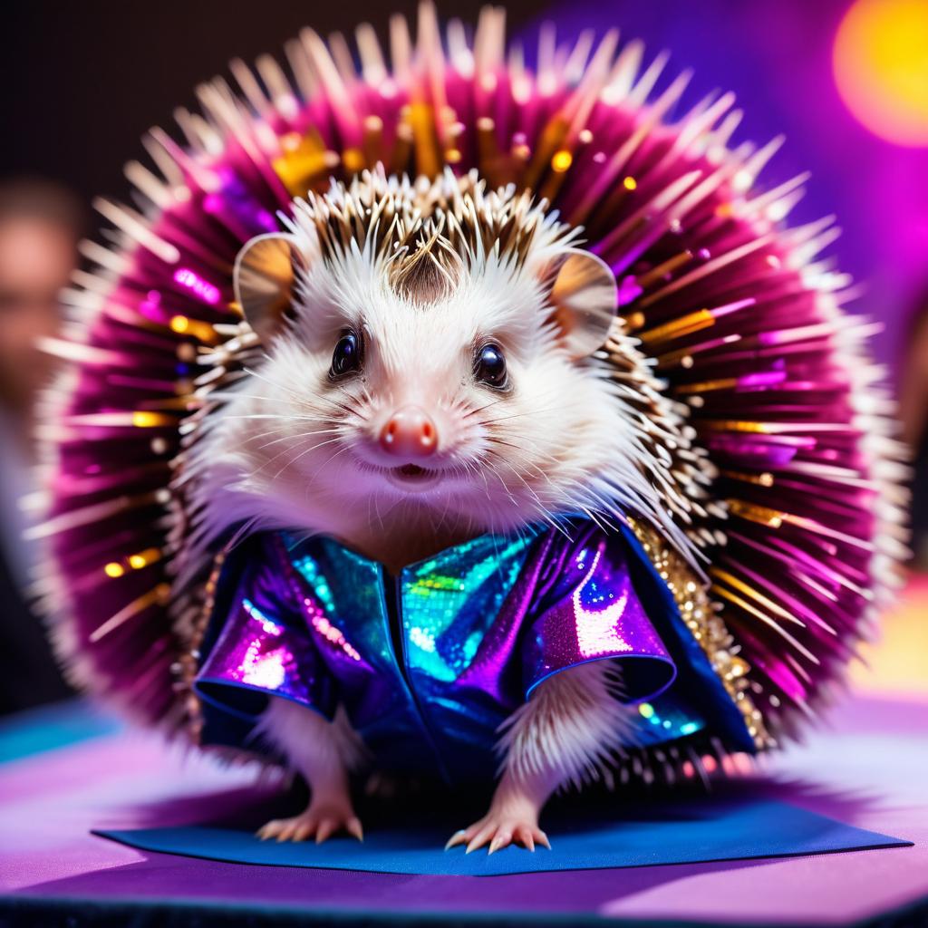 african pygmy hedgehog strutting down the fashion show catwalk stage in an extravagant cosmic-themed outfit with iridescent fabrics, high energy and extravagant.