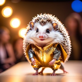 african pygmy hedgehog strutting down the fashion show catwalk stage in a sleek metallic bodysuit with led accents, high energy and dramatic.