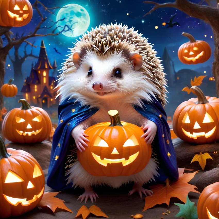 african pygmy hedgehog in a halloween costume, with a magical and ethereal atmosphere surrounded by pumpkins.