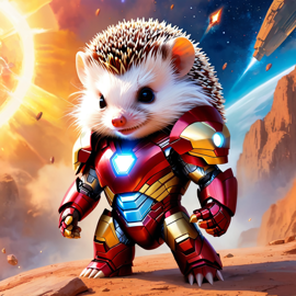 african pygmy hedgehog as iron man, showcasing a celestial, painterly style with a magical iron man costume.