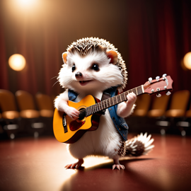 african pygmy hedgehog as a musician playing guitar in a cinematic concert hall, capturing dynamic and high-energy performance.