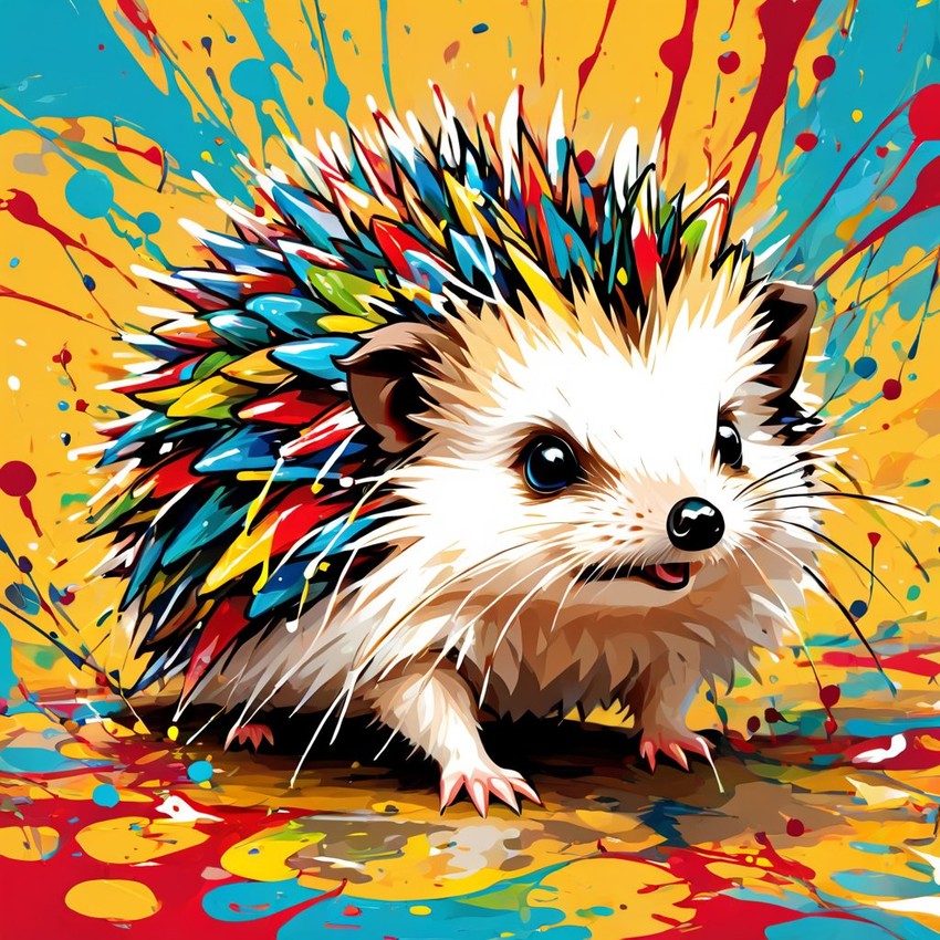 african pygmy hedgehog in pollock's drip technique, capturing dynamic and colorful modern art.