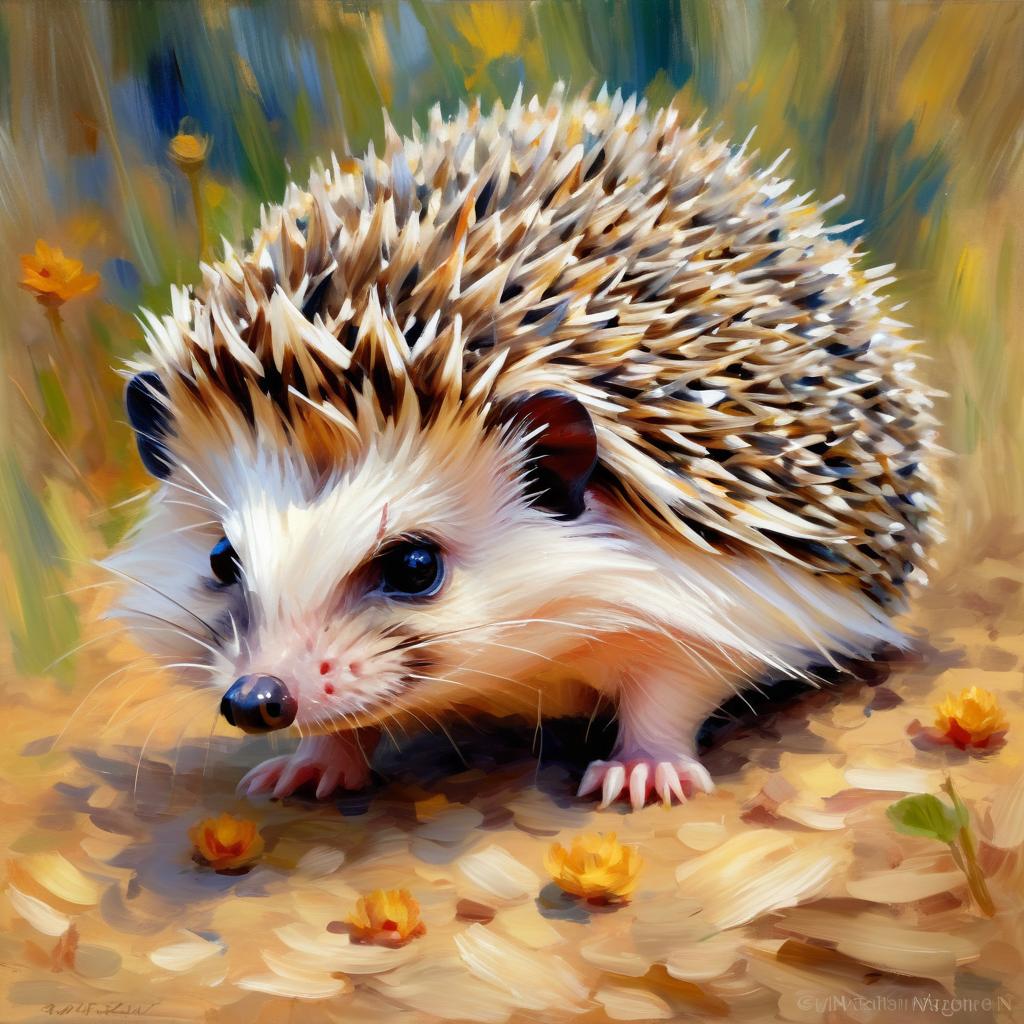 african pygmy hedgehog in the style of renoir, showcasing classic artistic brush strokes and timeless elegance.