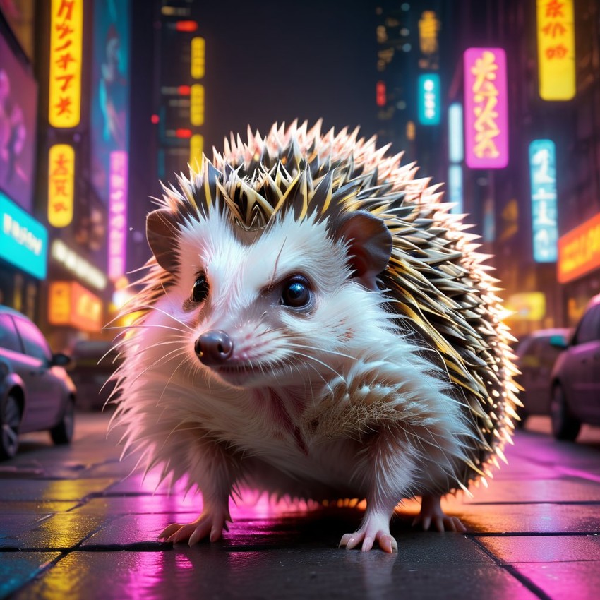 african pygmy hedgehog in a vibrant neon city with chinapunk style, featuring captivating lighting and a modern, exotic look.