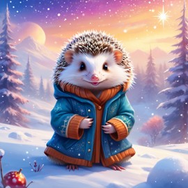 african pygmy hedgehog in a winter scene, wearing stylish winter clothing, looking cute and happy.