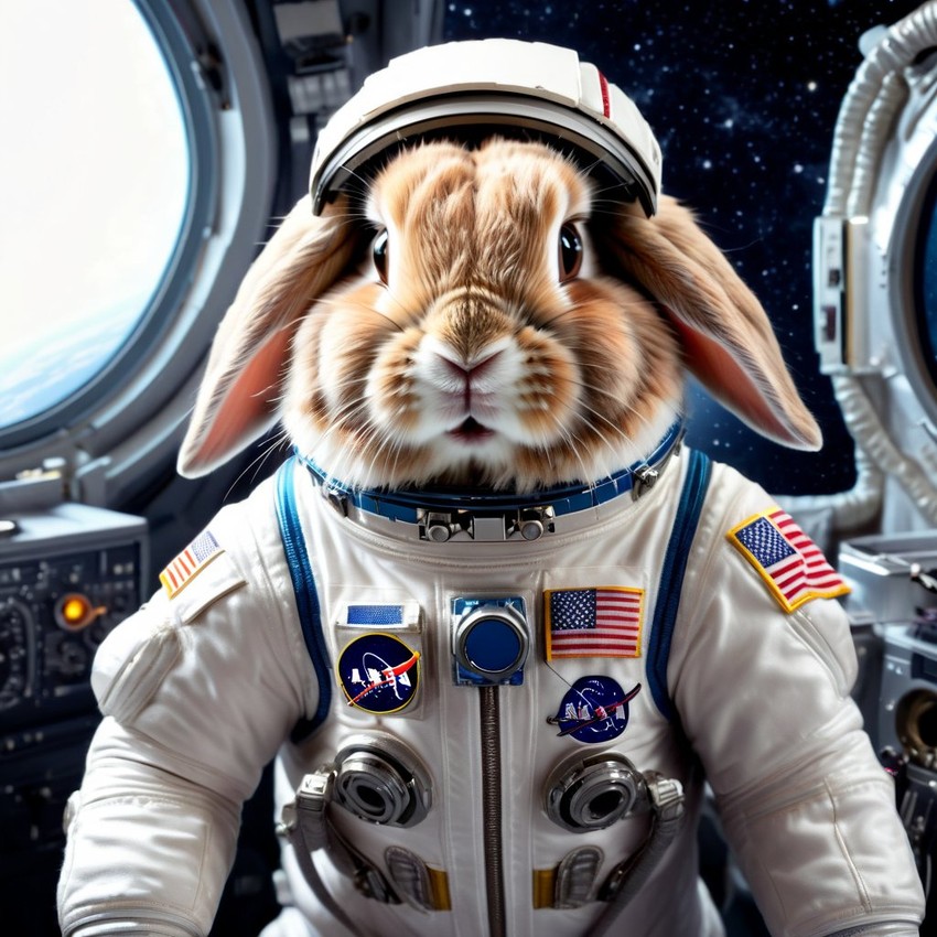 american fuzzy lop rabbit as astronaut in space, wearing spacesuit, highly detailed and lifelike.