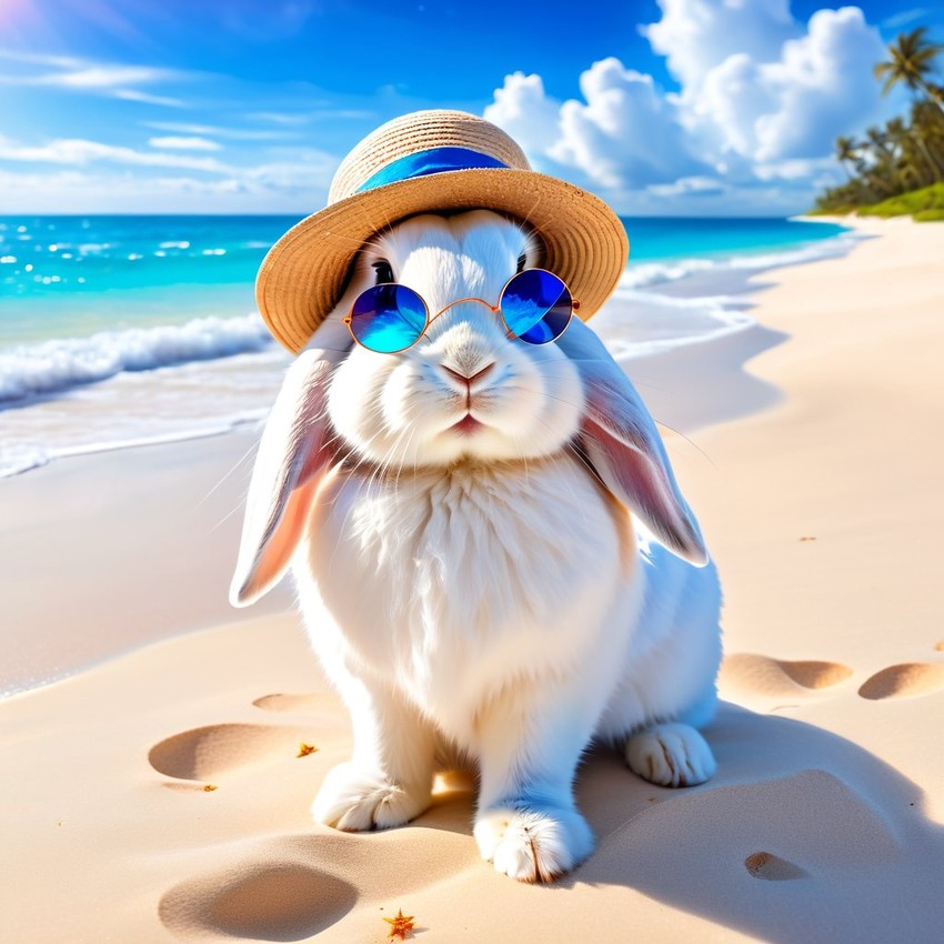 american fuzzy lop rabbit on a beach with white sand and blue sea, wearing sunglasses and summer hat.