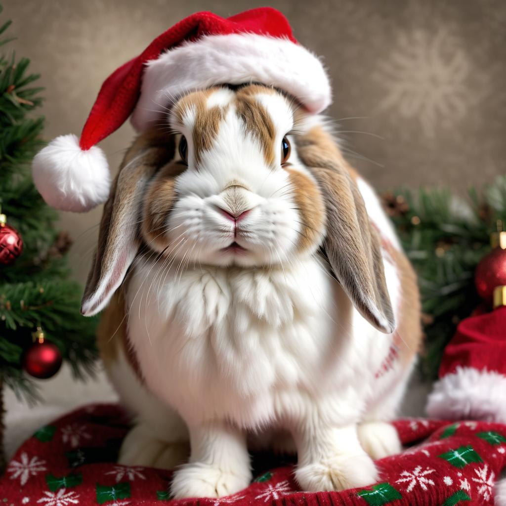 american fuzzy lop rabbit in a christmas sweater and santa hat, lifelike and festive.